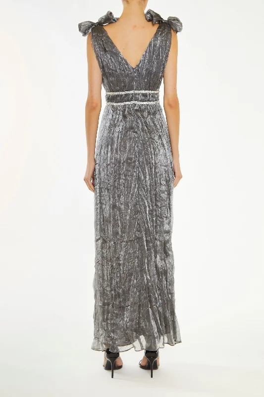 Leia Petrol Crinkle Organza Bow Shoulder Maxi Dress