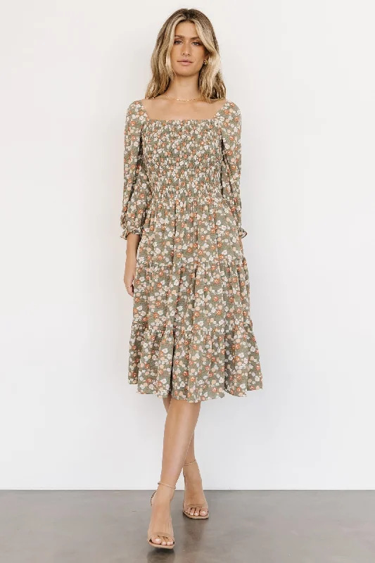 Marta Smocked Midi Dress | Dusty Olive Floral