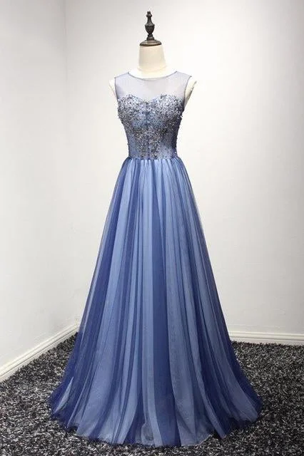 New Arrival A Line Cheap Sheer Neck Prom Dress with Rhinestones, Long Tulle Party Dress M1746