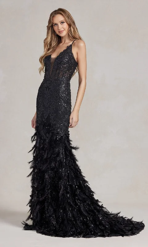 Sequin Prom Dress with Feathers and 3-D Flowers