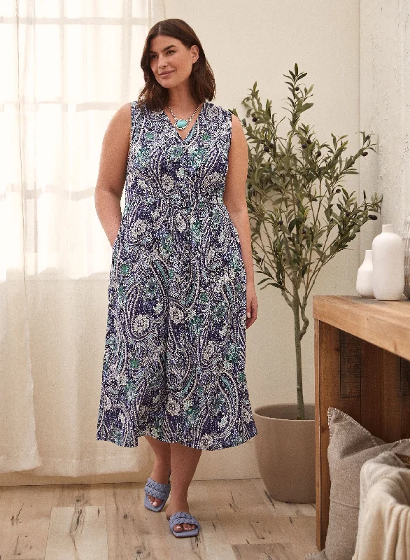 Paisley Print Smocked Midi Dress