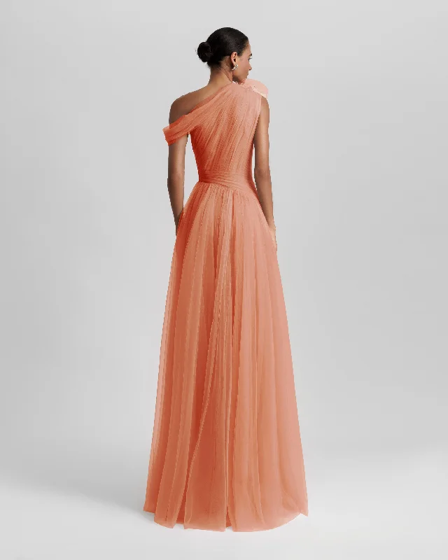 Peach Long Dress With Flower Design