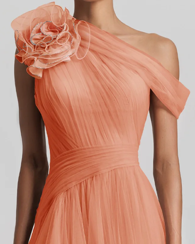 Peach Long Dress With Flower Design