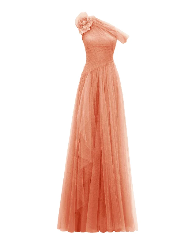 Peach Long Dress With Flower Design