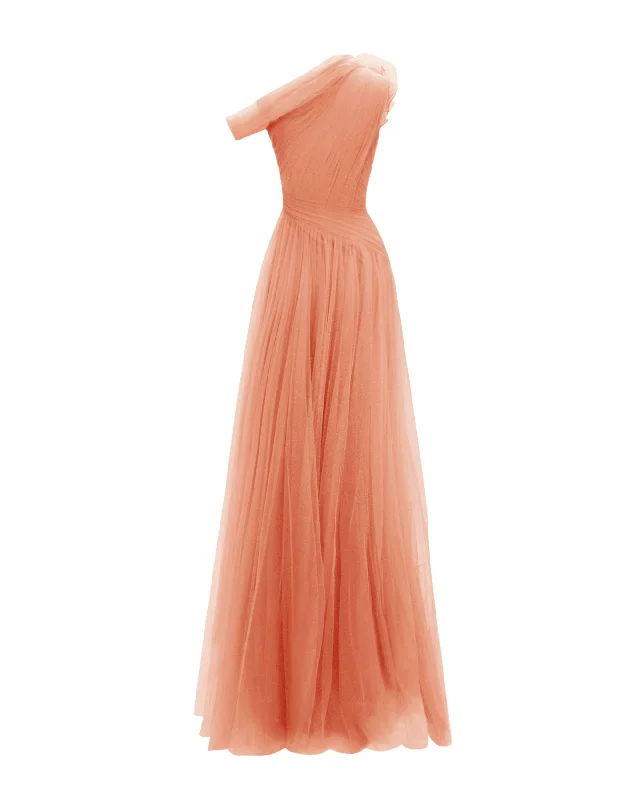 Peach Long Dress With Flower Design