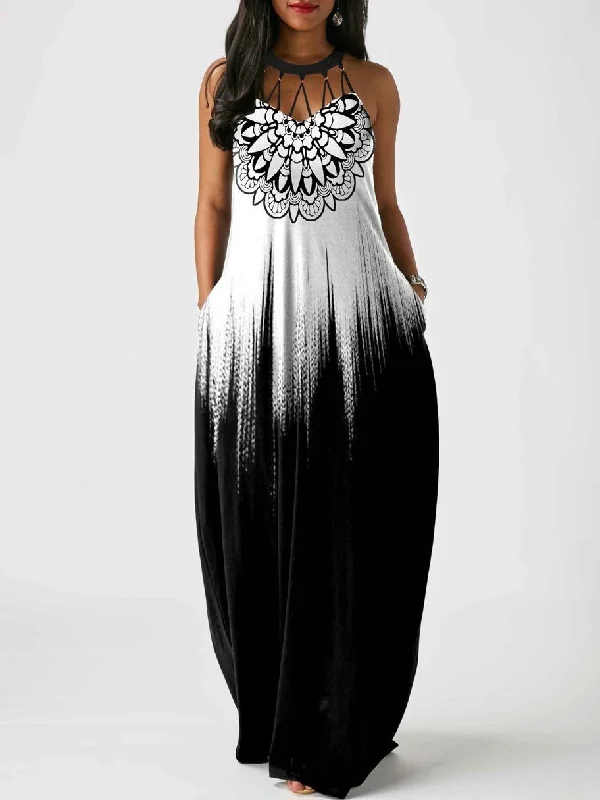 Pierced Tribal Print Sleeveless Maxi Dress for Women