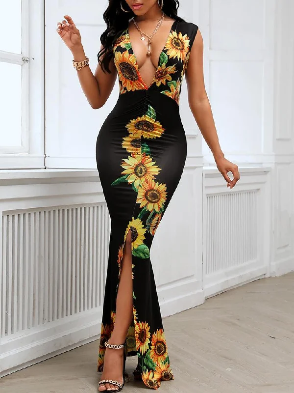 Plunge Sunflower Print Slit Maxi Dress