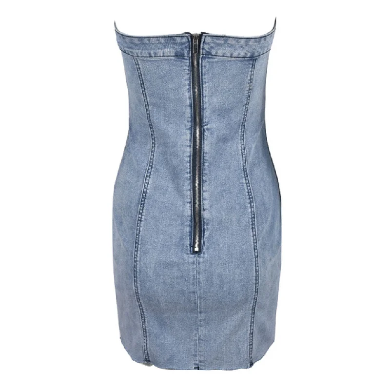 Retro Style Washed Strapless Raw Trim Summer Bodycon Mini Denim Dress