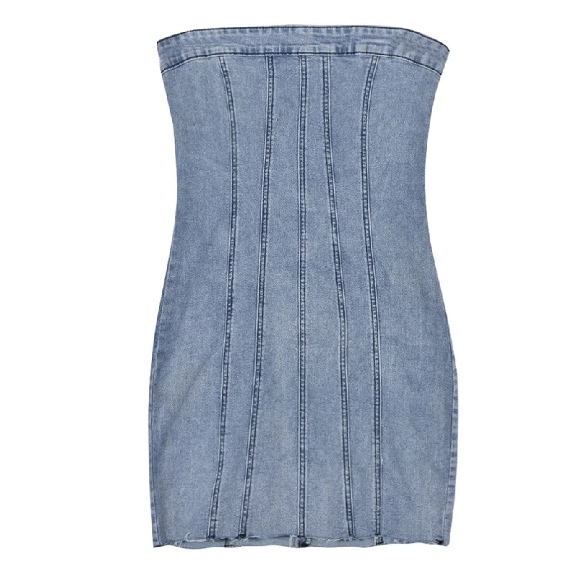 Retro Style Washed Strapless Raw Trim Summer Bodycon Mini Denim Dress