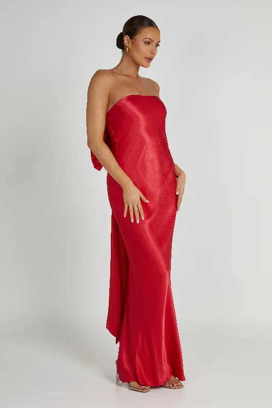 Rochelle Bow Back Satin Maxi Dress - Red