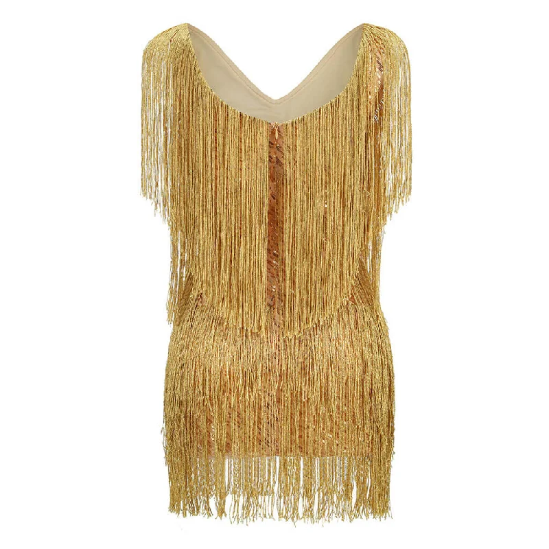 Shimmering Sequined V Neck Layered Fringe Sleeveless Mini Dance Party Dress