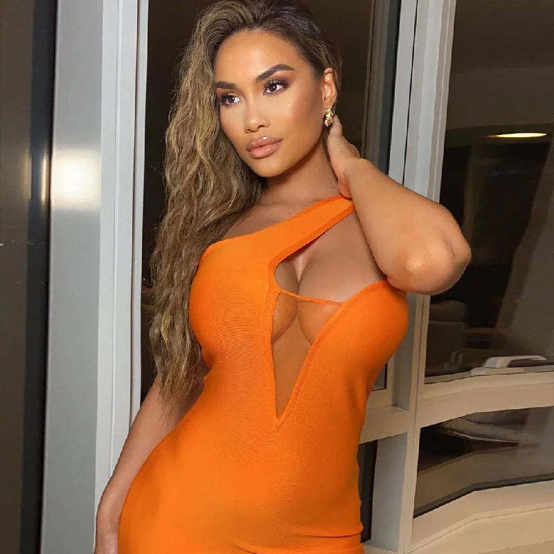 Sleeveless One Shoulder Mesh Panel Bodycon Bandage Midi Dress - Burnt Orange