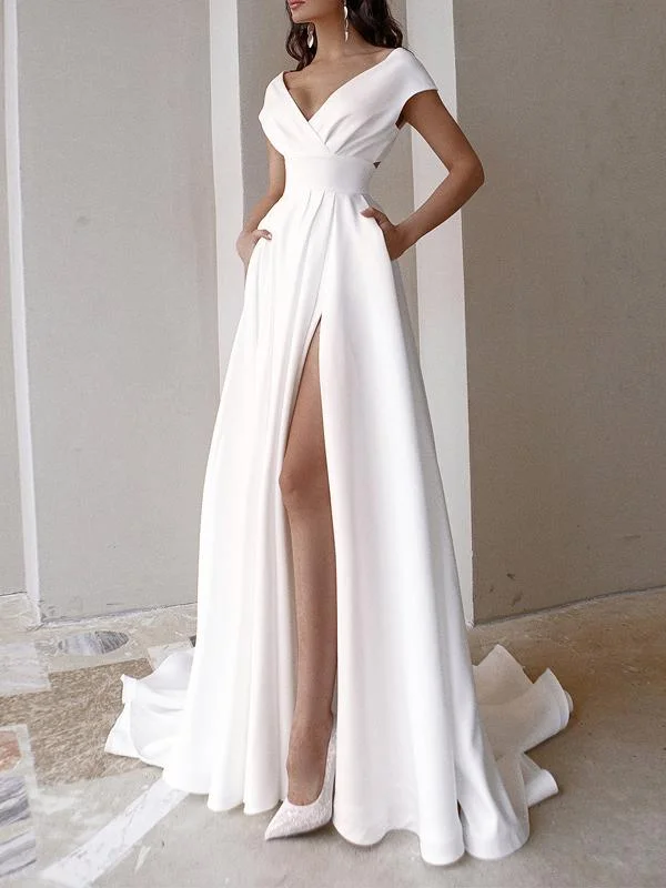 Solid V-neck Slit Mopping Dress