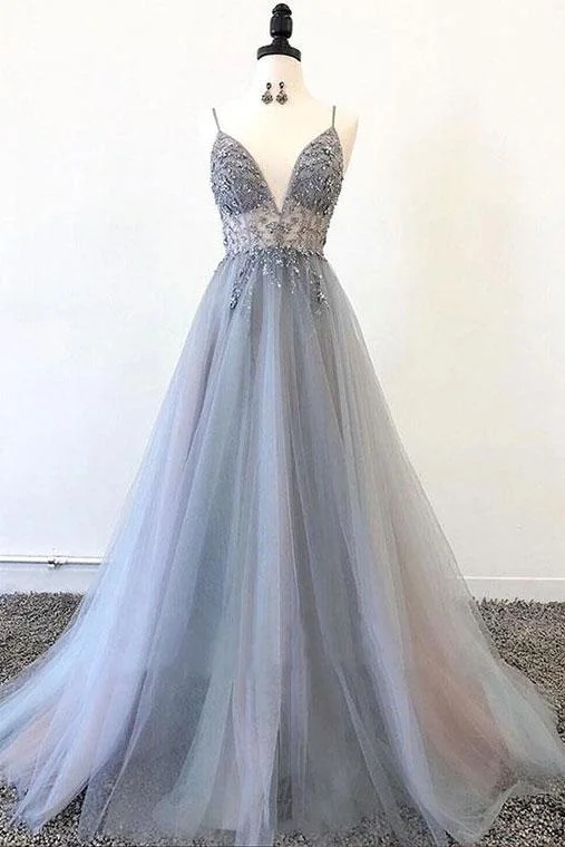 Spaghetti Straps V Neck Tulle Prom Dress with Appliques, A Line Long Formal Dress with Beads M1894