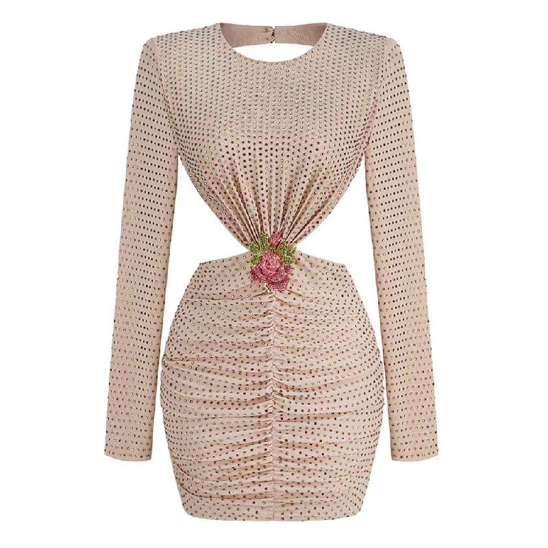 Sparkly Crystal Rosette Corsage Cutout Backless Padded Long Sleeve Mini Party Dress