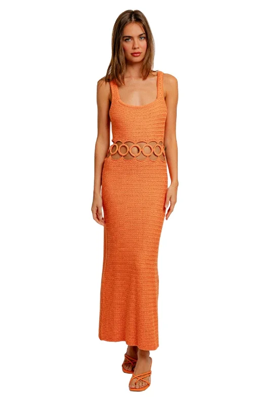 SQUARE NECK SLEEVELESS CROCHET MIDI DRESS