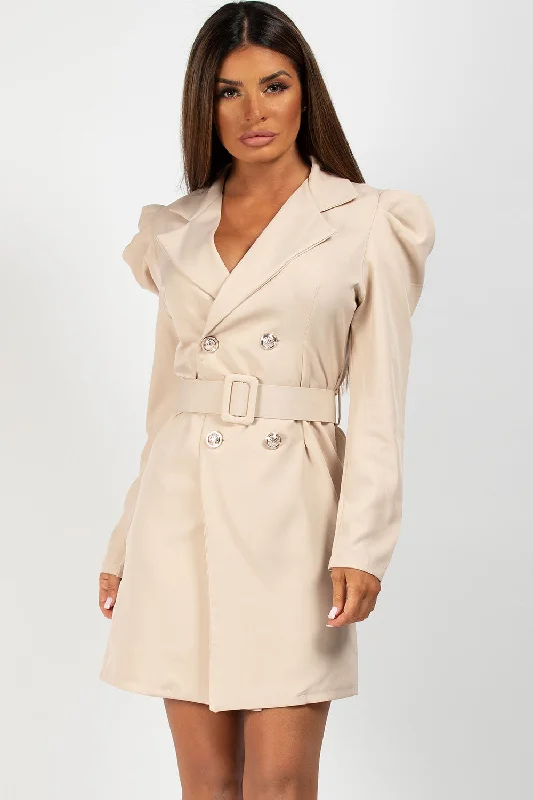 Stone Puff Sleeve Belted Blazer Dress