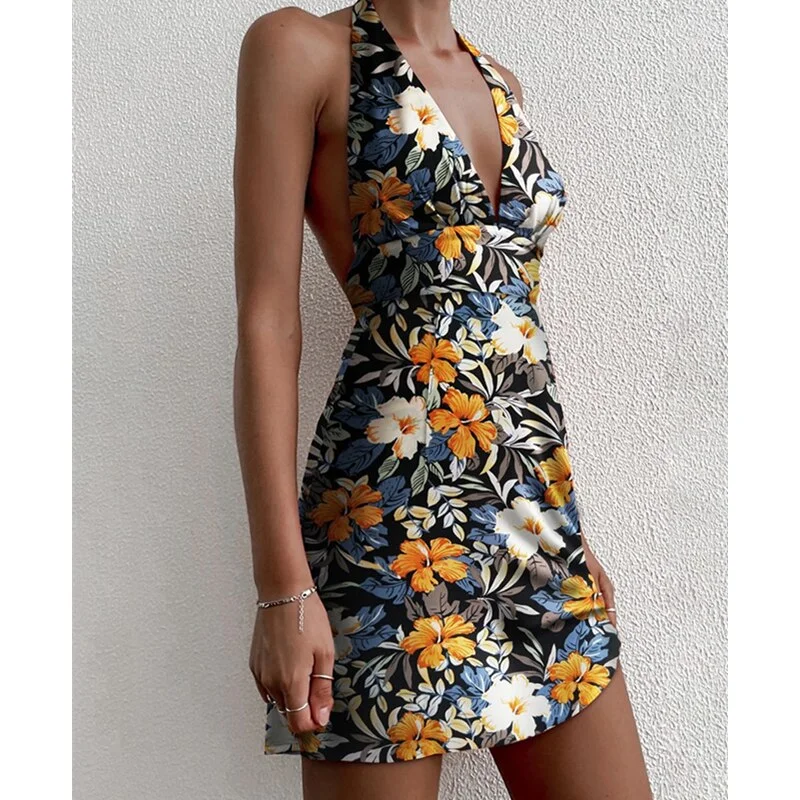 Boho Floral Print Sleeveless Halter Backless A Line Sundress Mini Dress