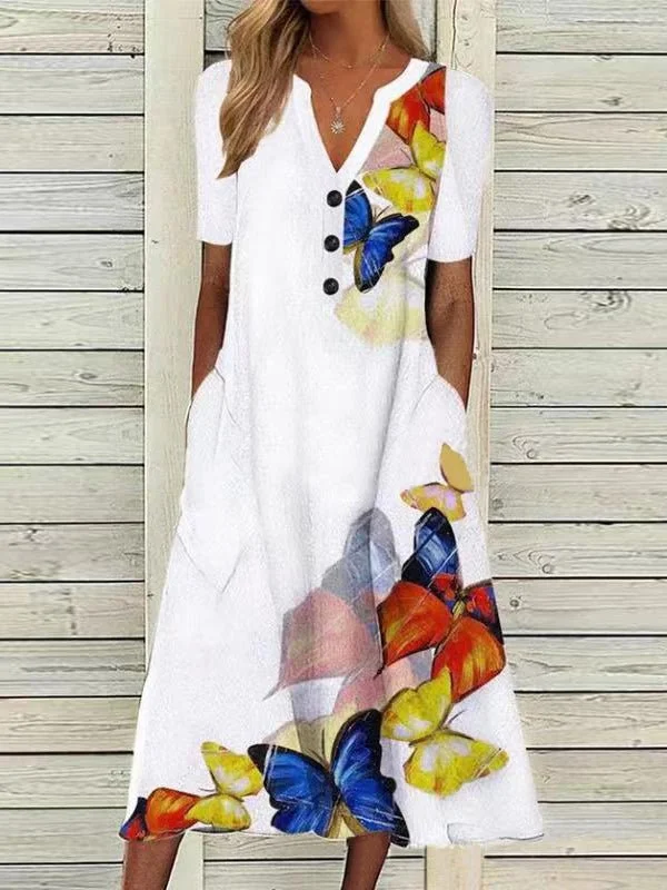 Butterfly Print V-Neck Button Short Sleeve Pocket Dress