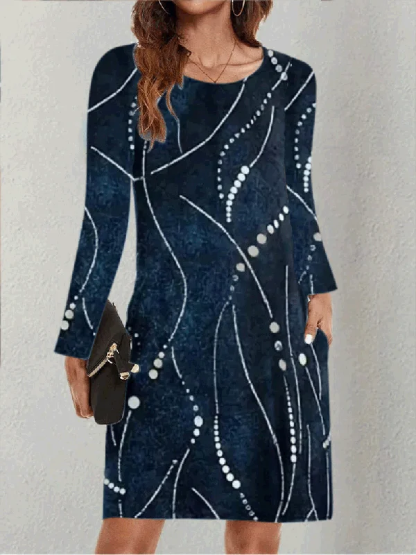 Pocket Long Sleeve Printed Dress