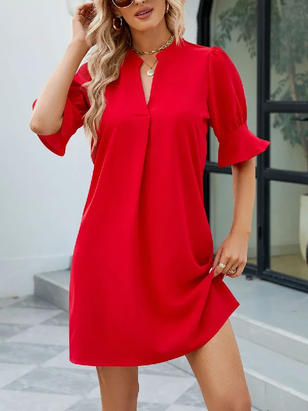 Solid Color Loose V Neck Half Sleeve Mini Dress