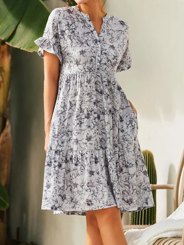 V Neck Button Print Loose Casual Mini Dress