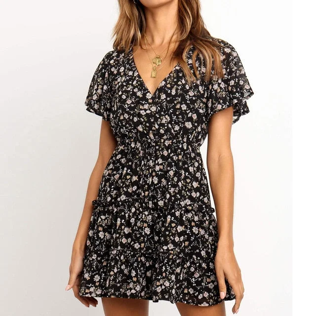 Boho Style Floral Print Chiffon Dress