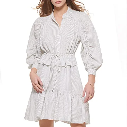 Calvin Klein Women's Tie Waist Ruched Sleeve Shirtdress White Size Large