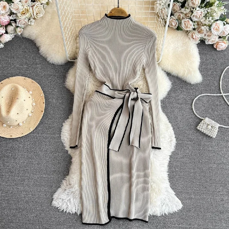 chic long-sleeved mid-length knitted dress     S4212