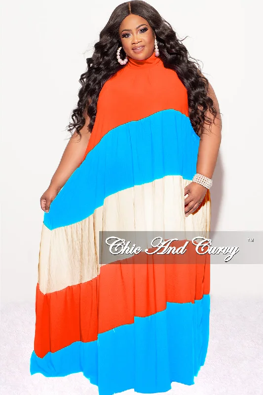 Final Sale Plus Size Halter Maxi Dress In Orange Turquoise and Cream