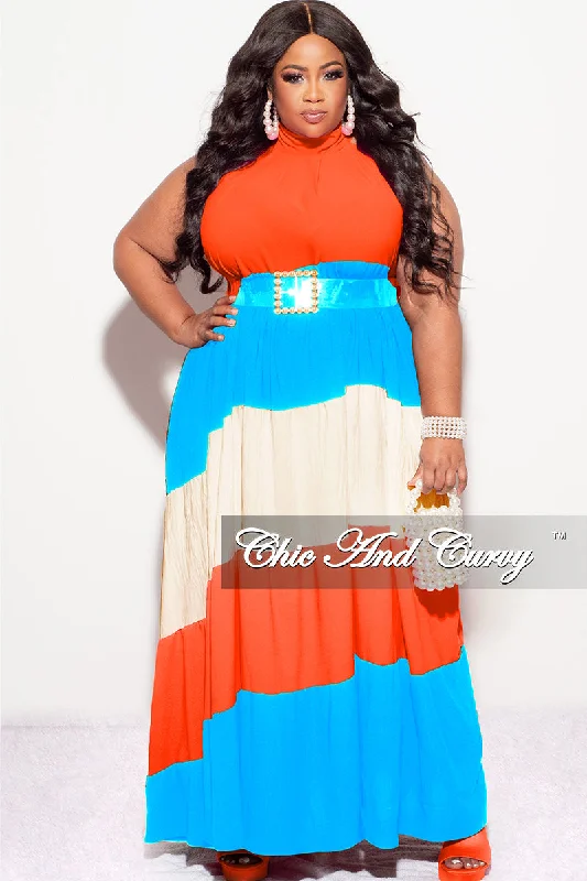 Final Sale Plus Size Halter Maxi Dress In Orange Turquoise and Cream