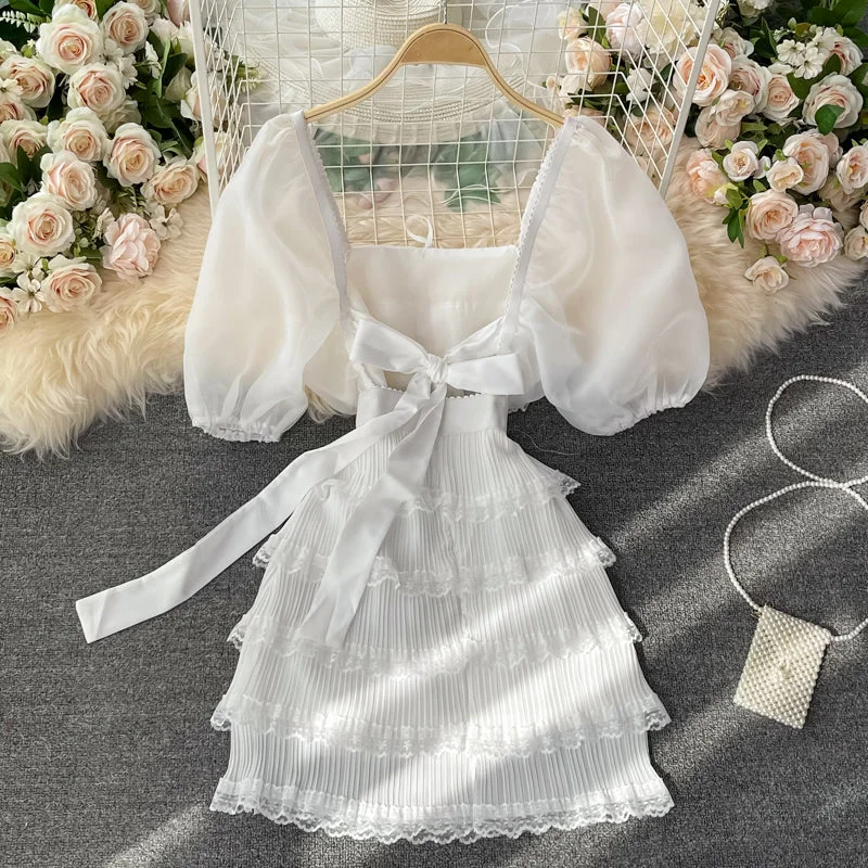 Cute bow dress white A line fashion dress   S511