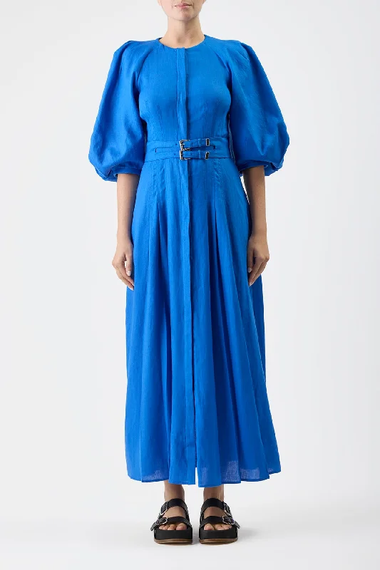 Elea Pleated Dress in Sapphire Aloe Linen