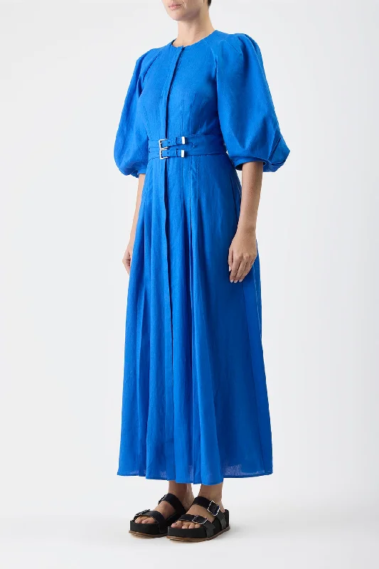 Elea Pleated Dress in Sapphire Aloe Linen