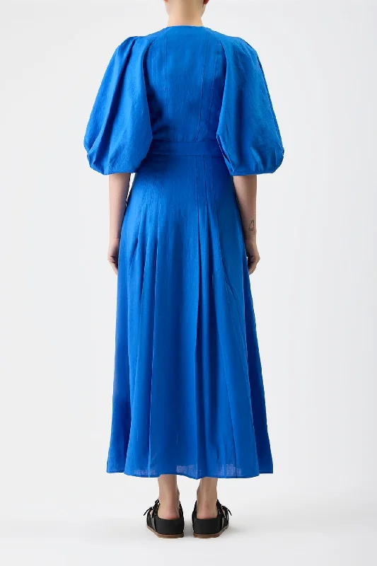 Elea Pleated Dress in Sapphire Aloe Linen