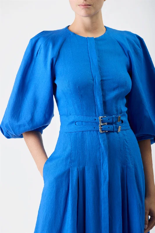 Elea Pleated Dress in Sapphire Aloe Linen