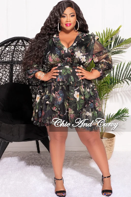 Final Sale Plus Size Chiffon Babydoll Dress Forest Floral Print