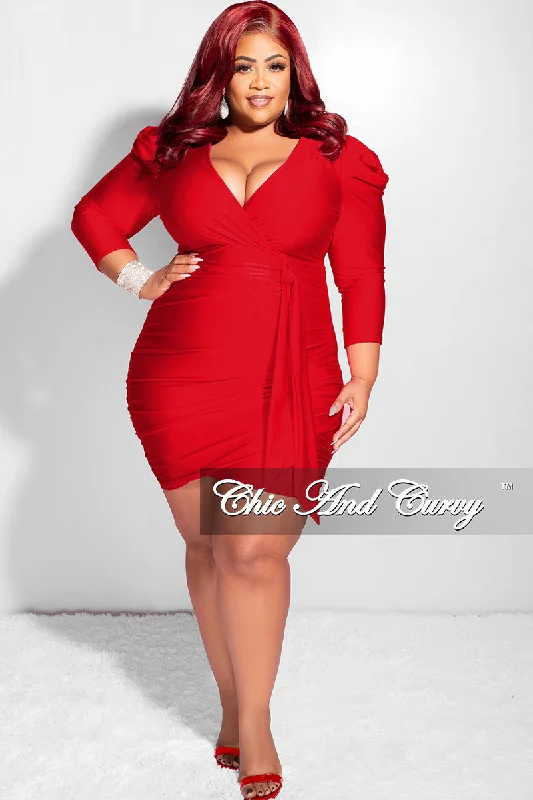 Final Sale Plus Size Faux Wrap Puffy Sleeve BodyCon Dress in Red