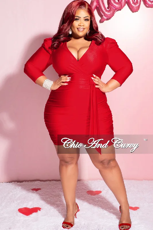 Final Sale Plus Size Faux Wrap Puffy Sleeve BodyCon Dress in Red