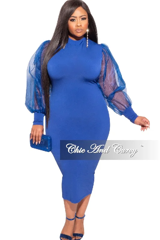 Final Sale Plus Size Sheer Organza Puffy Sleeve Bodycon Dress in Royal Blue