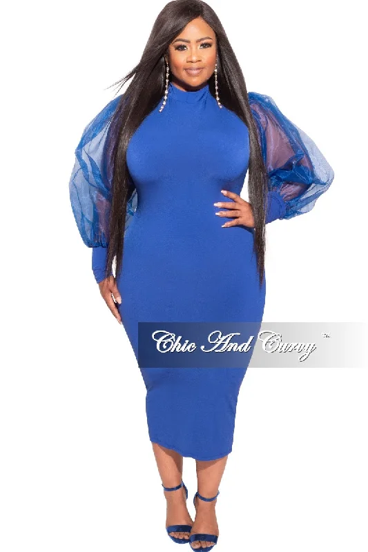 Final Sale Plus Size Sheer Organza Puffy Sleeve Bodycon Dress in Royal Blue