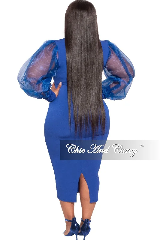 Final Sale Plus Size Sheer Organza Puffy Sleeve Bodycon Dress in Royal Blue