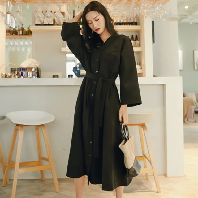 LANMREM 2020 Spring Spring High Waist V-neck Collar Long Sleeve Belt Women Dress Fashion Solid Color Overknee Clothes TB039