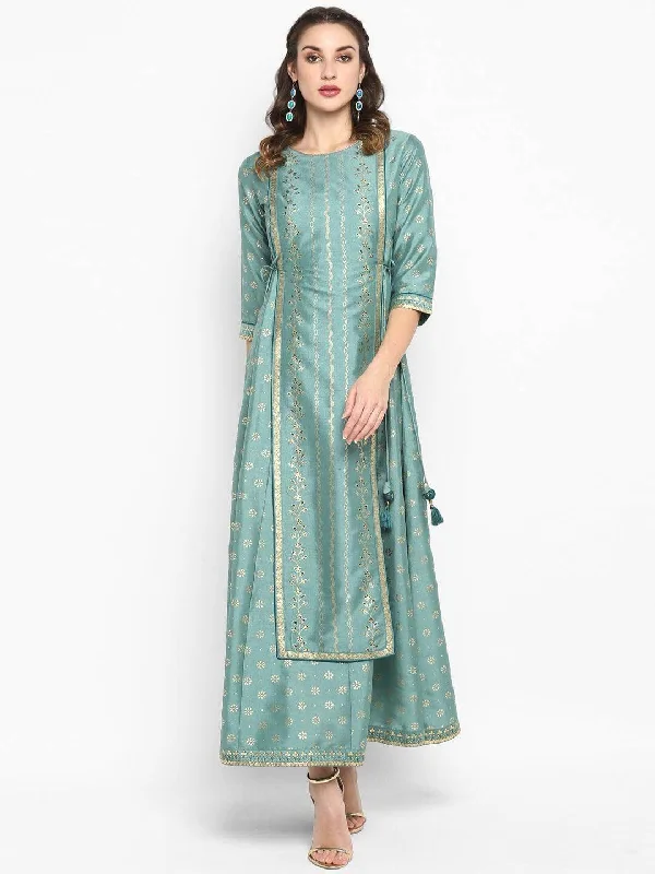 Green Rayon Crepe Foil Print Flared Ethnic Dress