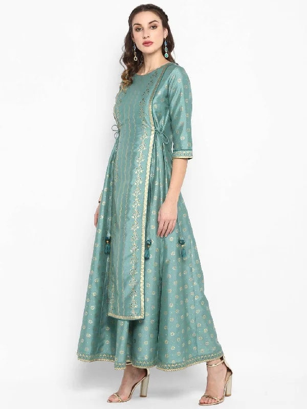 Green Rayon Crepe Foil Print Flared Ethnic Dress