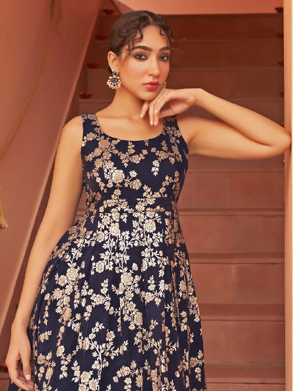 Navy Blue Brocade Woven Design Flared Dress