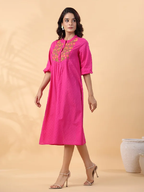 Pink Dobby Cotton Yoke Embroidery A-Line Dress