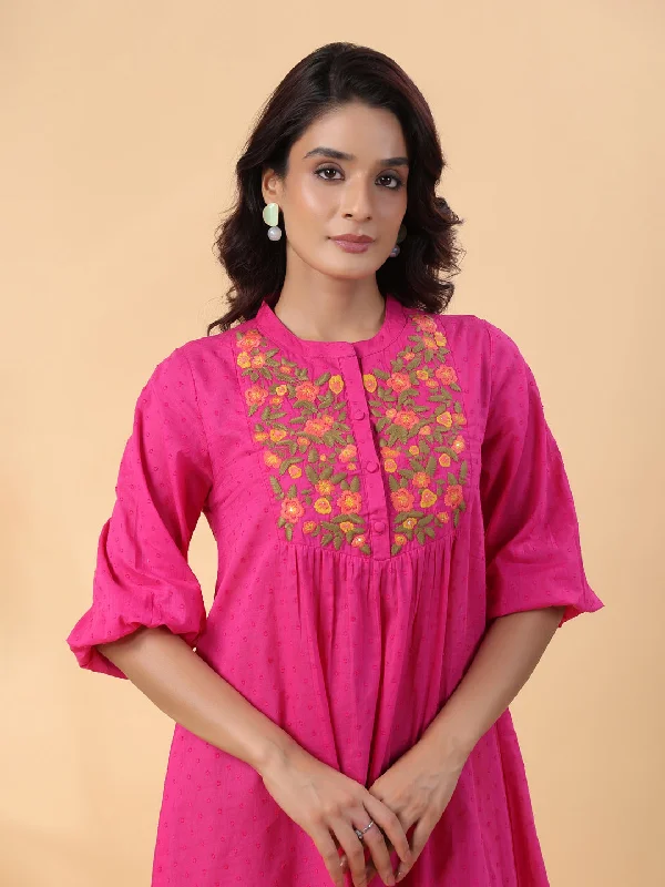 Pink Dobby Cotton Yoke Embroidery A-Line Dress