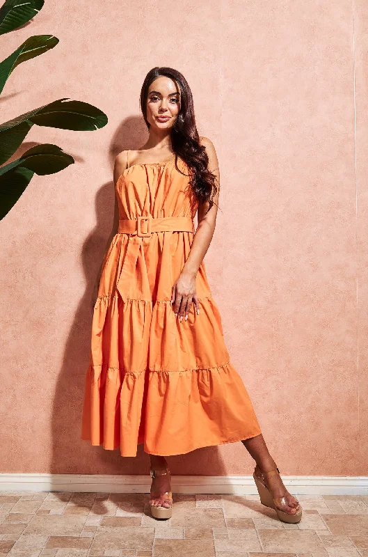 Tiered Maxi Dress in Orange Cotton | Isla