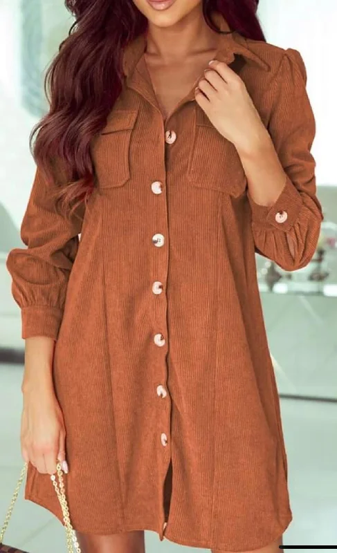 Corduroy Buttoned Long Sleeve Shirt Dress